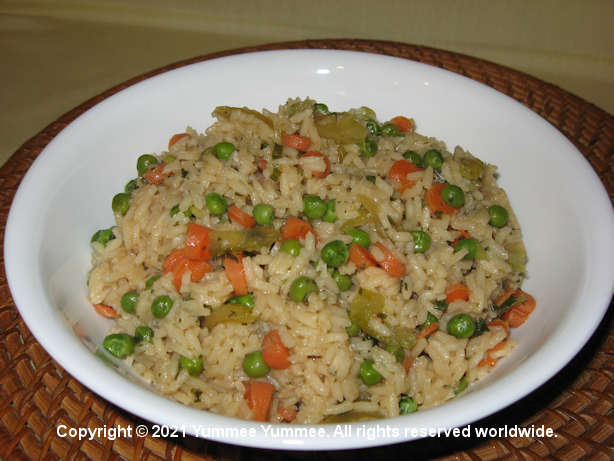 Plain white rice is okay. But, add carrots, peas, celery, soy sauce & more to create a simple Asian rice side.