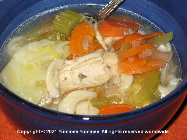 Chicken noodle soup is yummee! This recipe adds lots of veggies for extra vitamins. It's definitely yummee yummee.
