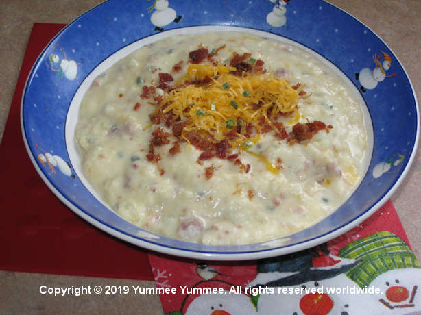 Warm, satisfying, rich, creamy, and delicious. Don't forget the bacon bits and cheese!