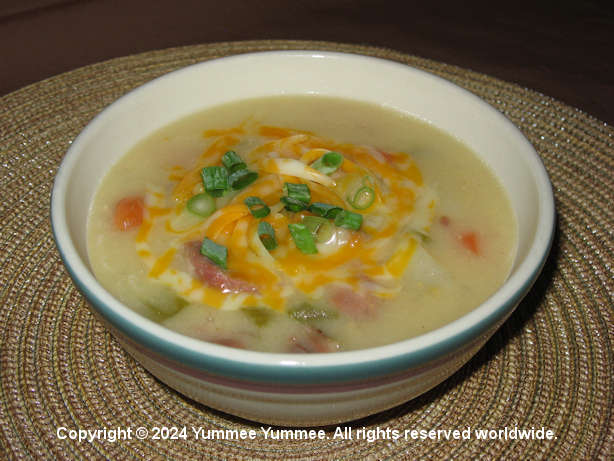 Leftover ham is the perfect ingredient for this chowder. Use the bone, too! The cheesy roux makes it delicious. Enjoy!